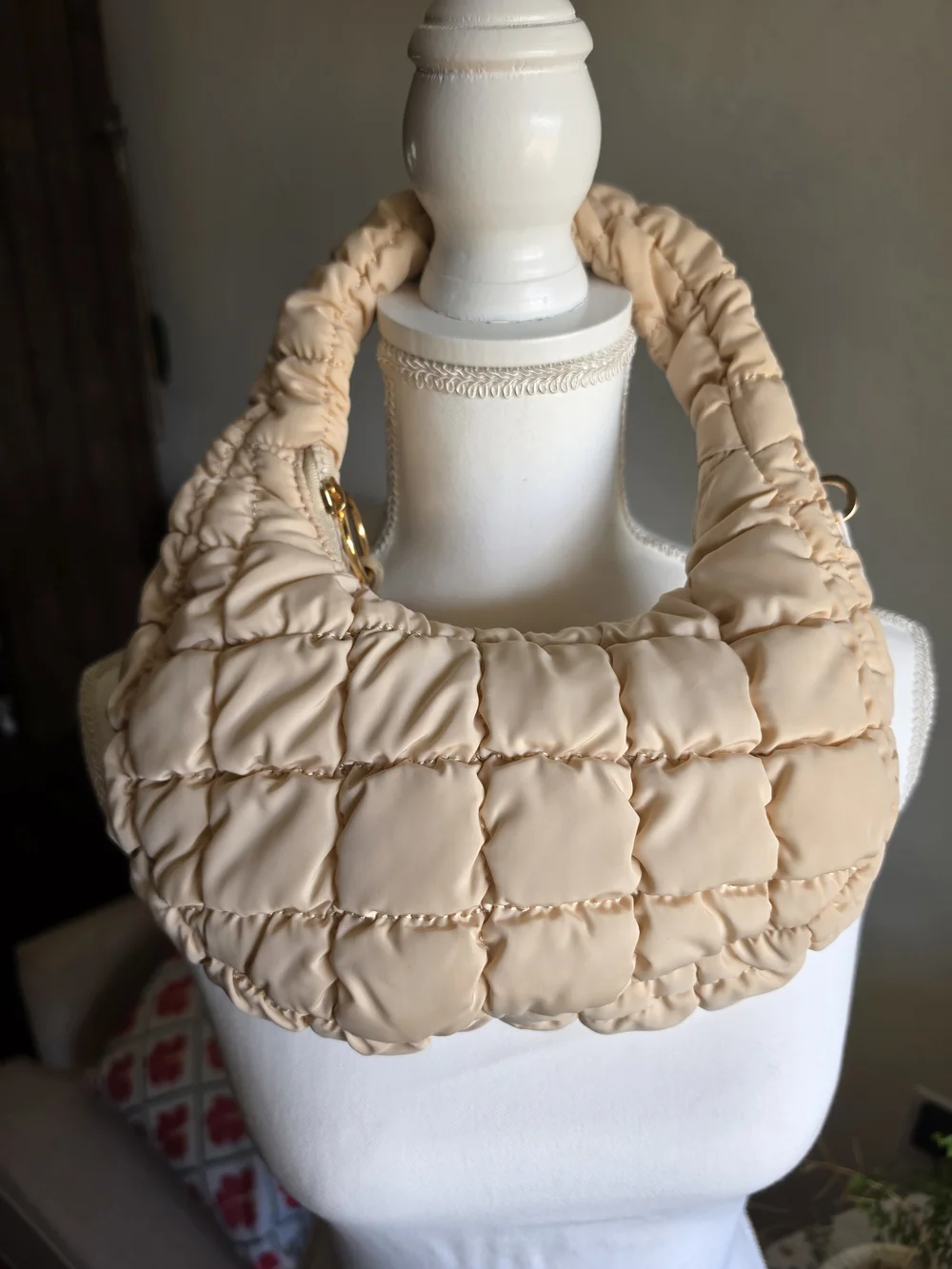 Urban Expressions Small Nylon Quilted Crescent Hobo - Cream - Picture 2 of 12